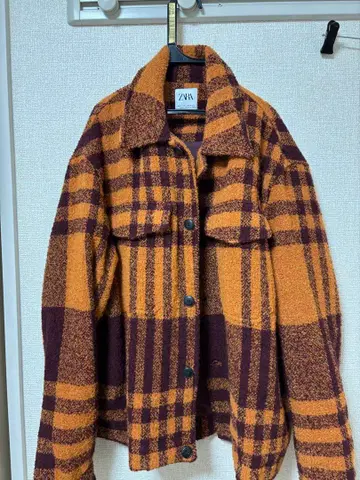 ZARA 오렌지 보라색 체크 플리스 자켓