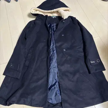 Lindsay 후드 부착 울 코트 네이비