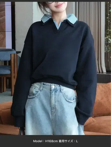 셔츠 레이어드 크롭 기장 오버 사이즈 맨투맨 상의 L 사이즈