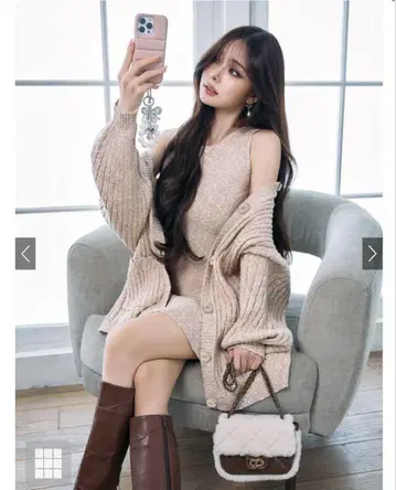 택 포함 새상품 그레일 GRL 니트 가디건 x 슬리브리스 미니 원피스