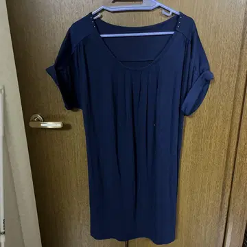 네이비 반팔 원피스 플리츠