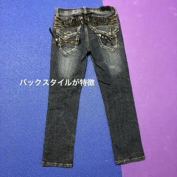쁘띠 렌 윙 디자인 다크 블루 슬림 핏 데님
