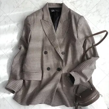 [ 자라 ] 테일러드 자켓 더블 체크 하운드투스 오버 사이즈 브라운