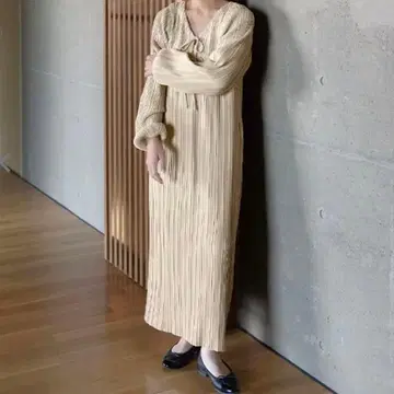 스트라이프 롱 드레스 베이지