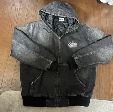 King Logo Vintage Denim Hoodie BLACK