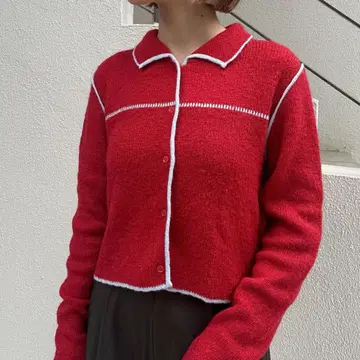 w closet 배색 파이핑 니트 가디건 레드