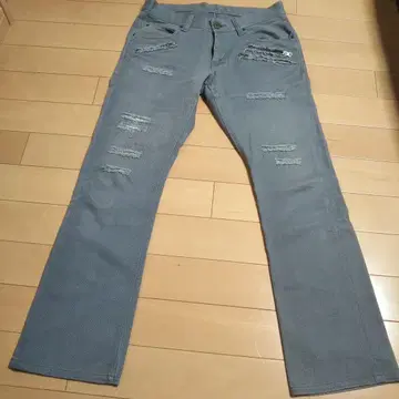 데미지 가공 데님 플레어 부츠컷 빅 허리 청바지 그레이