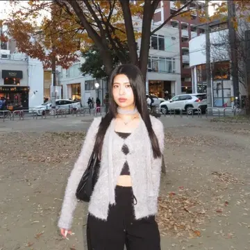 샤기 니트 가디건 그레이