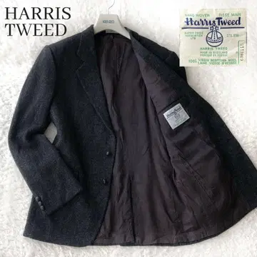 해리스 트위드 테일러드 자켓 싸개 단추 네이비 울 3L