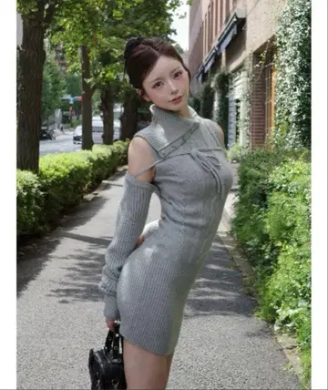 Darich 디자인 넥 니트 미니 원피스 그레이 FL 정품