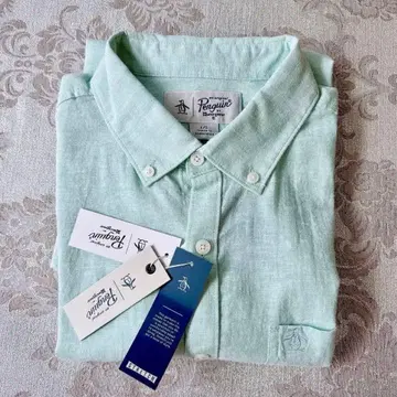 미사용 택 포함 펭귄 바이 맨싱 린넨 혼방 반팔 버튼 다운 셔츠 L