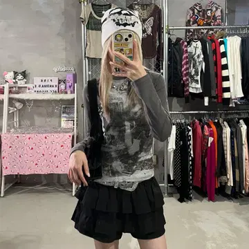 새상품 그런지 y2k 피치 래글런T 십자가 헤이세이 그레이