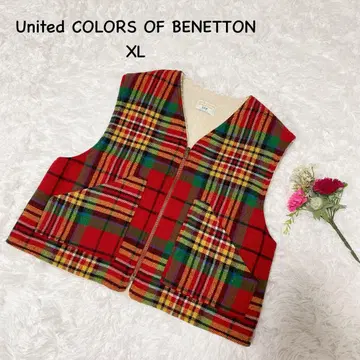 베네통 [ XL ] 체크 무늬 지퍼 베스트 포켓 부착 보아 안감 복슬복슬