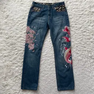 미야비유이 자수 잉어 벚꽃 일본풍 패턴 데님 청바지