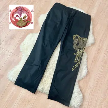 화려악단 봉황 자수 치노 팬츠 블랙 하의 일본풍 패턴