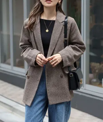 건클럽 체크 오버 사이즈 더블 자켓 브라운