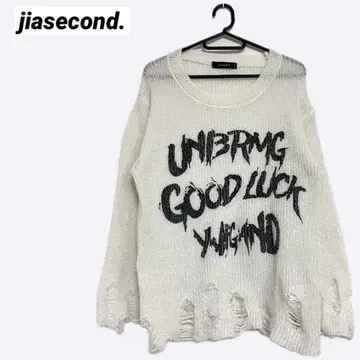 jiasecond. 데미지 니트 풀오버 화이트 로고 F