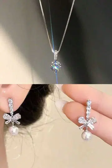 묶음 판매. 실버 다이아몬드풍 목걸이. 나비 매듭 & 펄 귀찌.