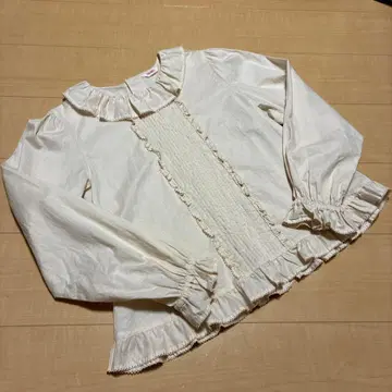 핑크하우스 프릴 카라 부착 턱 블라우스 아이보리 면 로운