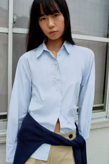 ZARA 펄 장식 포플린 셔츠 리본 블루 S 2025년 [ 새상품 ]
