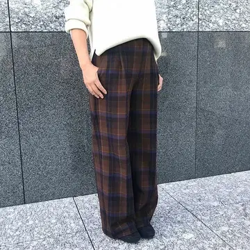 PLST 웜 리저브 와이드 팬츠 브라운 체크 백 밴딩 M