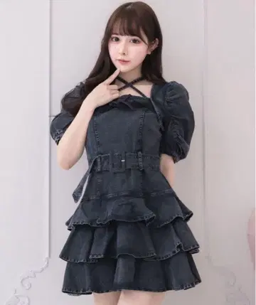 Pium 티어드 프릴 미니 원피스 블랙 데님 피움