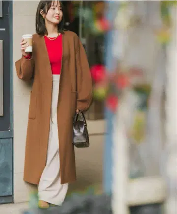 Super160s 퍼프 슬리브 롱 코트 카멜 새상품 미사용