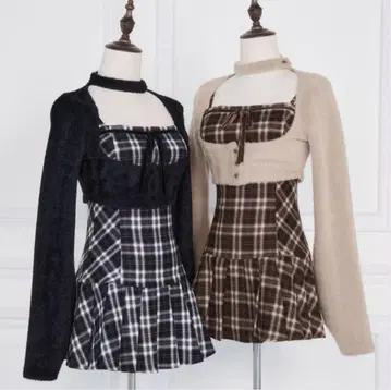 bunnylis 퍼 볼레로 x 체크 미니 원피스 블랙
