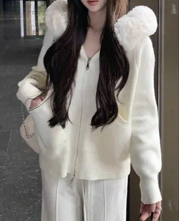 SHEIN 쉬인 니트 후드티 퍼 집업 애프리콧