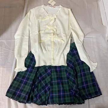 에밀리 템플 귀여운 그린 계열 체크 무늬 스커트 + 리본 가디건