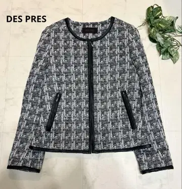 새상품급 DES PRES 트위드 노카라 자켓 파이핑 블랙 화이트 척