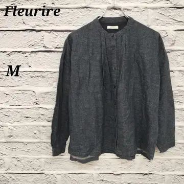 R3079//Fleurire [ M ] 밴드 카라 블라우스 네이비 면린넨
