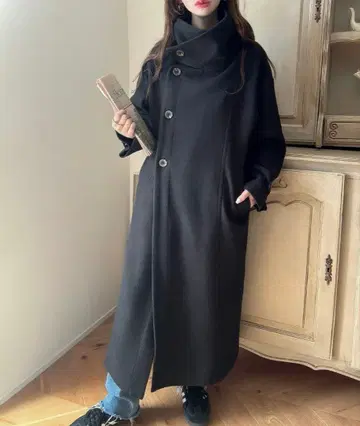 Meiru 오버 사이즈 스탠드 카라 롱 코트 블랙
