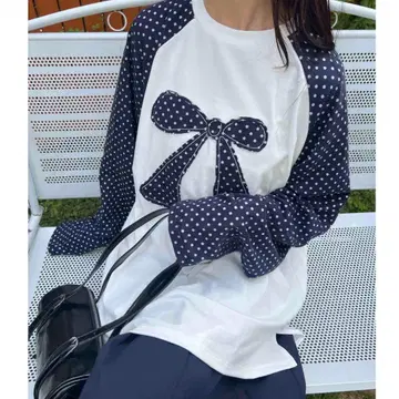 WC 더블씨 도트 래글런 패치워크 롱T 풀오버 네이비 컬러 네이비