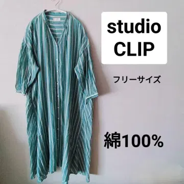 studioCLIP 프리 사이즈 V넥 셔츠 원피스 롱 기장 면