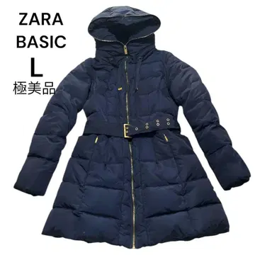 ZARA BASIC 네이비 다운 롱 자켓 후드 부착 허리 벨트