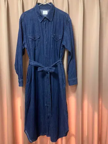 리 다크 블루 셔츠 원피스 긴팔 벨트 포함