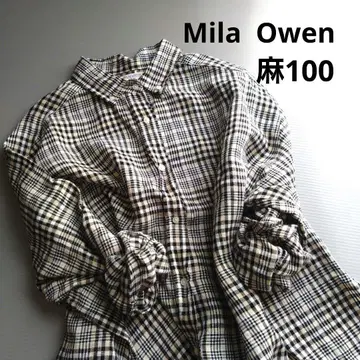 새상품급 린넨 100% 미라 오웬 체크 무늬 셔츠 긴팔 베이지 블랙