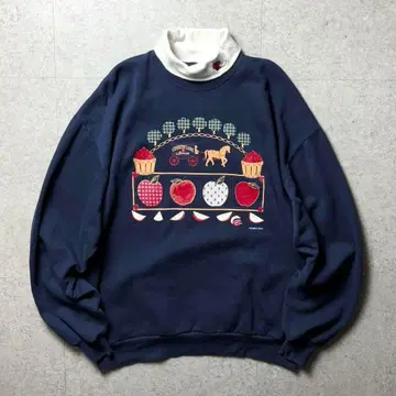 90s 맨투맨 하이넥 다사카와 사과 자수 네이비 XL
