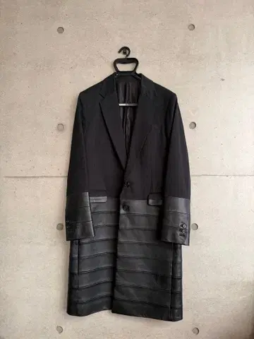 레어 99%IS- 울 가죽 콤비 롱 체스터 코트