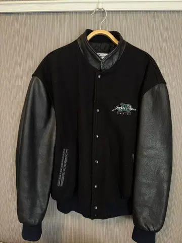 바시티 자켓 블랙 울 가죽