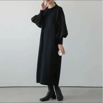 플리츠 슬리브 니트 원피스 블랙 롱 원피스 벌룬 슬리브