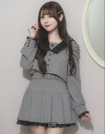 pium 레이스 리본 칼라 탑스 벨트 포함 플리츠 프릴 미니 스커트
