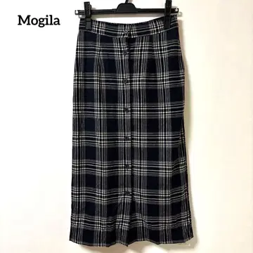 새상품 Mogila 네이비 체크 무늬 롱 타이트 스커트 프론트 버튼