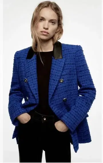 ZARA 트위드 골드 버튼 블루 파랑 더블 자켓