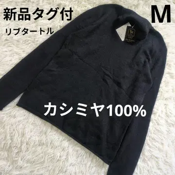 택 포함 새상품 캐시미어 100% 블랙 리브 터틀넥 스웨터 M