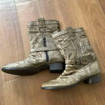 페코스 부츠 사이드 지퍼 가죽 베이지 주름 가공 24cm