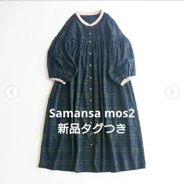 택 포함 새상품 SM2 린넨 혼방 배색 밴드 카라 개더 원피스 블랙워치