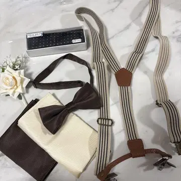 나비 넥타이 서스펜더 치프 3종 세트 브라운 신랑 결혼식