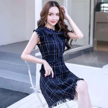 SPICA GLOW 체크 무늬 프린지 트위드 미니 원피스 L 사이즈